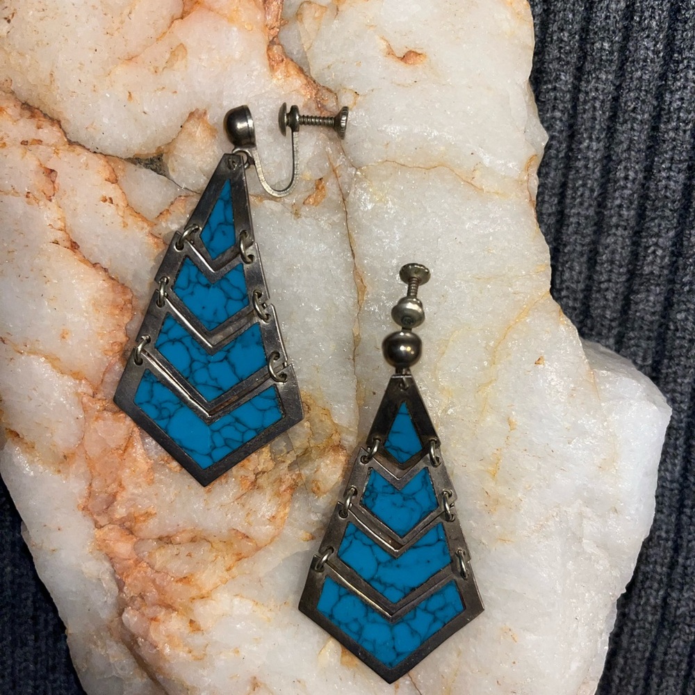 Vintage Mexican Sterling Silver and Turquoise Inlay Articulated Earrings.
